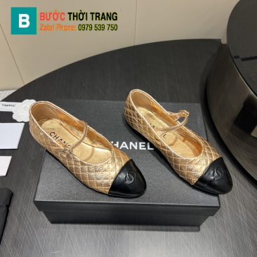 Giày búp bê nữ Chanel màu vàng siêu cấp da bò mềm mịn họa tiết ô trám bắt mắt