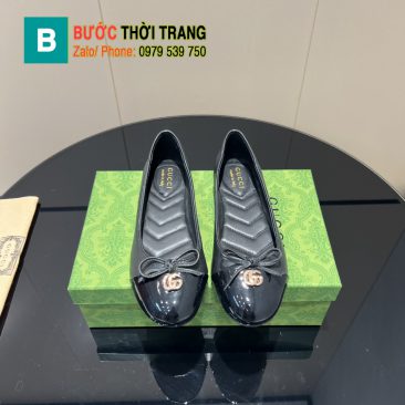Giày búp bê nữ Gucci màu đen siêu cấp đế bệt vân chữ V chất liệu da bò bền bỉ