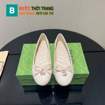Giày búp bê nữ Gucci màu trắng ngà siêu cấp đế bệt vân chữ V chất liệu da bò bền bỉ