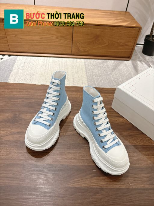 Giày cao cổ Alexander McQueen đế cao 5cm màu xanh nhạt bằng vải đế da