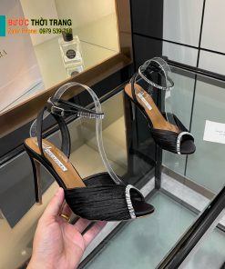 Giày cao gót Aquazzura siêu cấp màu đen đính ngọc lấp lánh đế mảnh tôn dáng cao 10,5cm