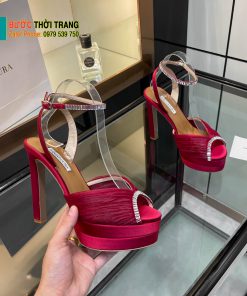 Giày cao gót Aquazzura siêu cấp màu hồng nhung đính ngọc lấp lánh đế nhỏ tôn dáng cao 13,5cm