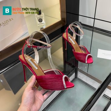 Giày cao gót Aquazzura siêu cấp màu hồng nhung đính ngọc lấp lánh đế mảnh tôn dáng cao 10,5cm