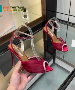 Giày cao gót Aquazzura siêu cấp màu hồng nhung đính ngọc lấp lánh đế mảnh tôn dáng cao 10,5cm