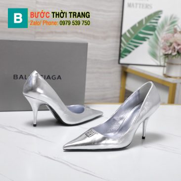 Giày cao gót BALENCIAGA màu bạc cao cấp khóa kim loại đôi BB nổi bật đế cao 8,5cm