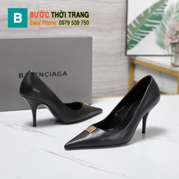 Giày cao gót BALENCIAGA màu đen cao cấp khóa kim loại đôi BB nổi bật đế cao 8,5cm