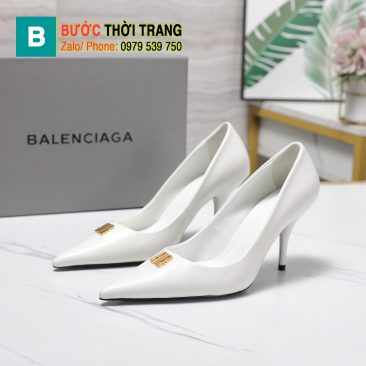 Giày cao gót BALENCIAGA màu trắng cao cấp khóa kim loại đôi BB nổi bật đế cao 8,5cm