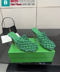 Giày cao gót Bottega Veneta mũi vuông đan sợi màu xanh lá cao 9cm