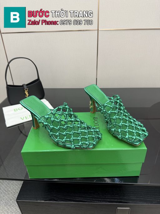Giày cao gót Bottega Veneta mũi vuông đan sợi màu xanh lá cao 9cm