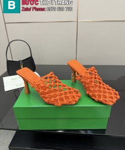 Giày cao gót Bottega Veneta mũi vuông đan sợi màu cam cao 9cm