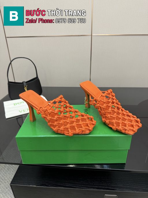 Giày cao gót Bottega Veneta mũi vuông đan sợi màu cam cao 9cm