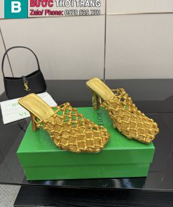 Giày cao gót Bottega Veneta màu vàng mũi vuông đan sợi cao 9cm