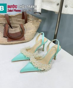 Giày cao gót Mach Mach đính ngọc trai cao 9.5cm màu xanh