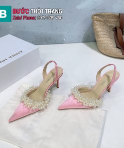 Giày cao gót Mach Mach đính ngọc trai màu hồng cao 9.5cm