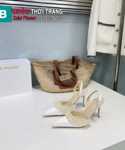 Giày cao gót Mach Mach đính ngọc trai màu trắng cao 9.5cm