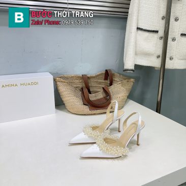 Giày cao gót Mach Mach đính ngọc trai màu trắng cao 9.5cm