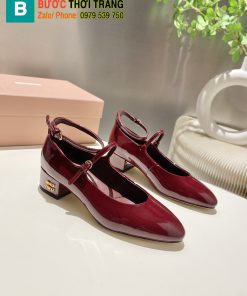 Giày nữ Miu miu siêu cấp màu đỏ đô mũi nhọn da bóng chuẩn form đế cao 4,5cm