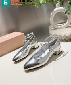 Giày nữ Miu miu siêu cấp màu bạc mũi nhọn da bóng chuẩn form đế cao 4,5cm