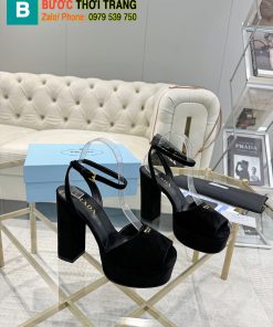 Giày cao gót PRADA hở mũi màu đen đế vuông cao chắc chắn chất da lộn sang trọng