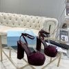 Giày cao gót PRADA hở mũi màu đỏ mận trầm đế vuông cao chắc chắn chất da lộn sang trọng