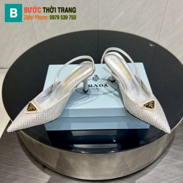 Giày cao gót Prada màu bạc đính ngọc lấp lánh gót cao 7,5cm logo tam giác nổi bật