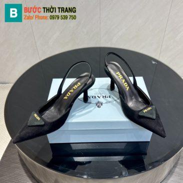 Giày cao gót Prada màu đen chất da lộn bền bỉ logo Prada hình tam giác nổi bật gót cao 7,5cm