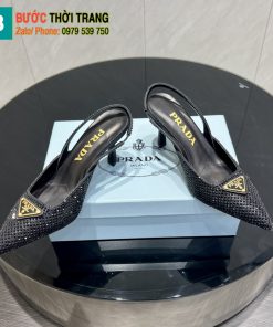 Giày cao gót Prada màu đen đính ngọc lấp lánh gót cao 7,5cm logo tam giác nổi bật