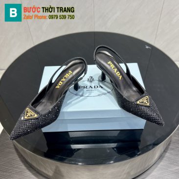 Giày cao gót Prada màu đen đính ngọc lấp lánh gót cao 7,5cm logo tam giác nổi bật