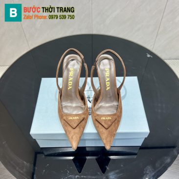 Giày cao gót Prada màu nâu chất da lộn bền bỉ logo Prada hình tam giác nổi bật gót cao 7,5cm