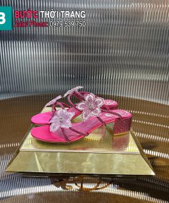 Giày cao gót Rene caovilla màu hồng đính hoa và hạt sang trọng cao 4.5cm
