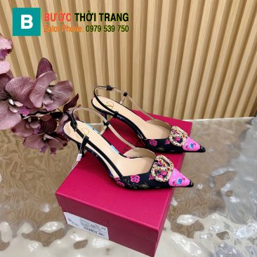 Giày cao gót VALENTINO màu đen cao cấp họa tiết hoa nhiều màu sắc đế cao 8cm tôn dáng