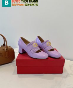 Giày cao gót  Valentino Garavani đế vuông chắc chắn màu tím da bò cao cấp thiết kế thanh lịch