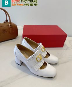 Giày cao gót  Valentino Garavani đế vuông chắc chắn màu trắng ngà da bò cao cấp thiết kế thanh lịch