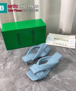 Giày cao gót mũi vuông Bottega Veneta đan da màu xanh socola cao 5cm