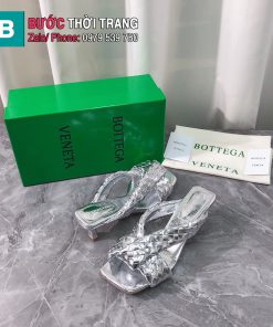 Giày cao gót mũi vuông Bottega Veneta đan da màu bạc ánh socola cao 5cm
