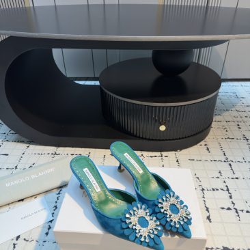 Giày cao gót nữ Manolo Blahnik siêu cấp màu xanh đính ngọc lấp lánh đế cao 5cm