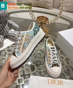 Giày thể thao Dior màu đen họa tiết cây xanh chất liệu vải cotton thoáng mát, đế trắng cao 5 cm