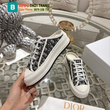 Giày thể thao Dior màu đen hở gót chất liệu vải cotton thoáng mát, đế trắng cao 5 cm