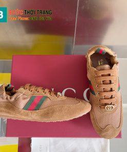 Giày thể thao Gucci Shift màu nâu cao cấp họa tiết vạch xanh đỏ đặc trưng