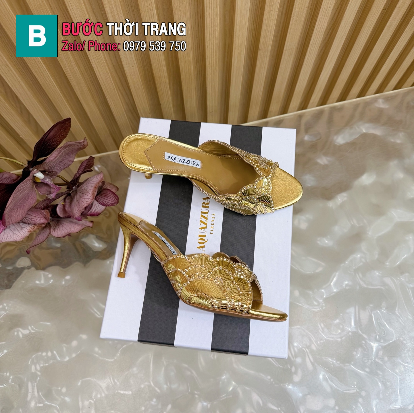 Guốc cao gót Aquazzura màu vàng ánh đính hạt cao 8.5cm