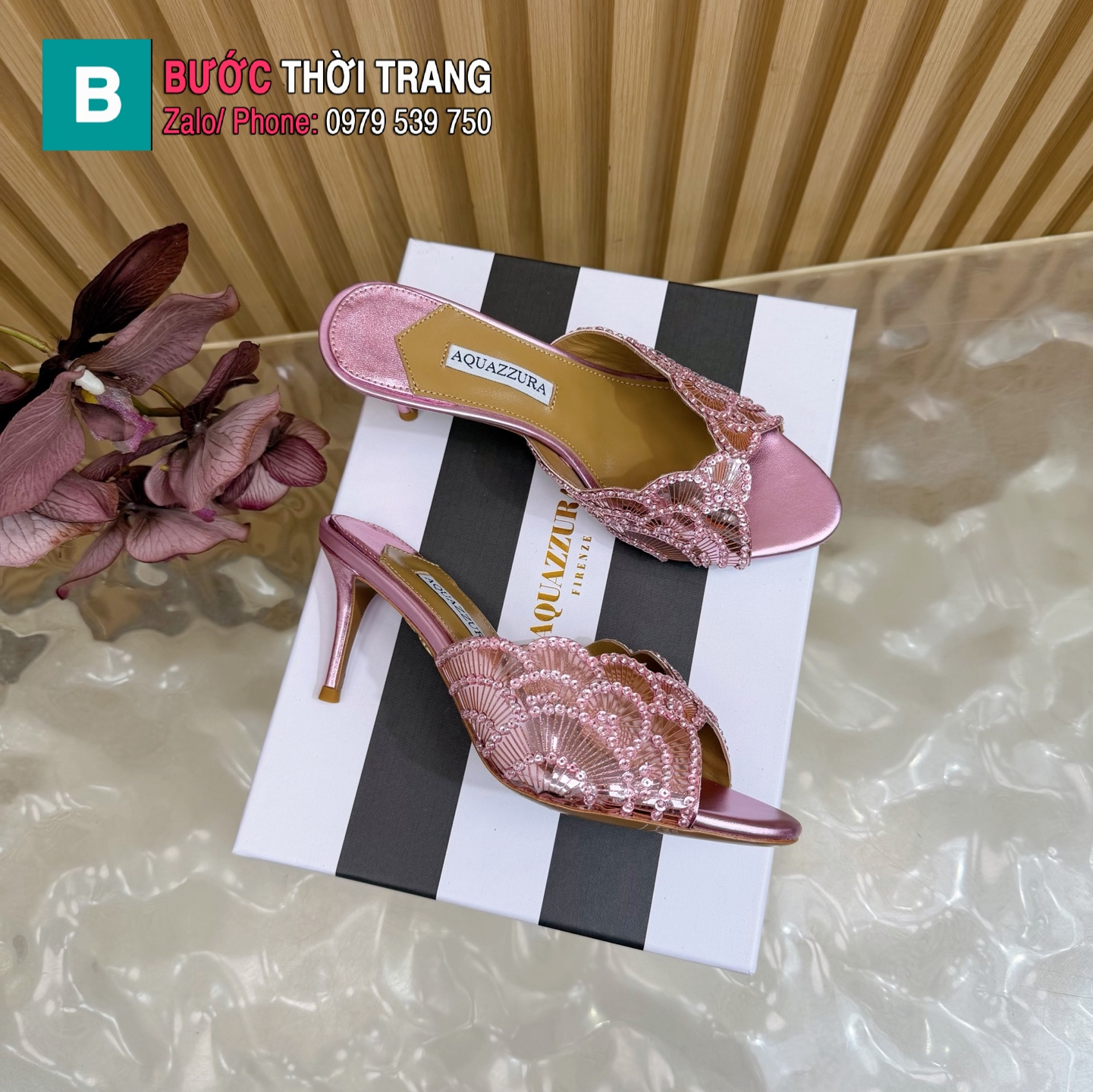 Guốc cao gót Aquazzura màu hồng đính hạt cao 8.5cm