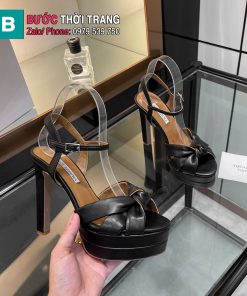 Sandal cao gót Aquazzura màu đen da bò nổi bật quai đan chéo nữ tính đế cao 13,5cm