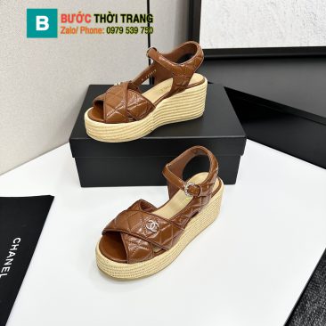 Sandal cao gót Chanel đế xuồng màu nâu da sáp dầu bền bỉ logo nổi bật