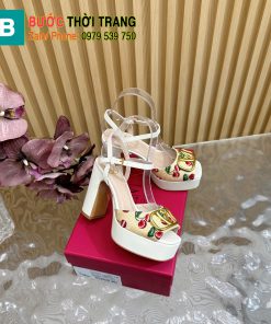 Sandal cao gót VALENTINO màu trắng ngà quai hoa tinh tế đế vuông chắc chắn rất đẹp