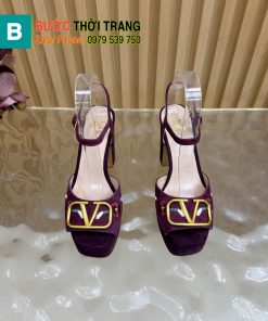 Sandal cao gót Valentino màu tím đế vuông cao 10,5cm chắc chắn họa tiết hoa thêu nổi bật