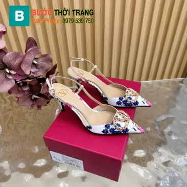 Giày cao gót VALENTINO màu trắng cao cấp họa tiết hoa nhiều màu sắc đế cao 8cm tôn dáng