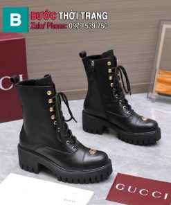 Boot GUCCI cổ lỡ màu đen cao cấp da bê mềm mại thiết kế dây buộc cổ điển
