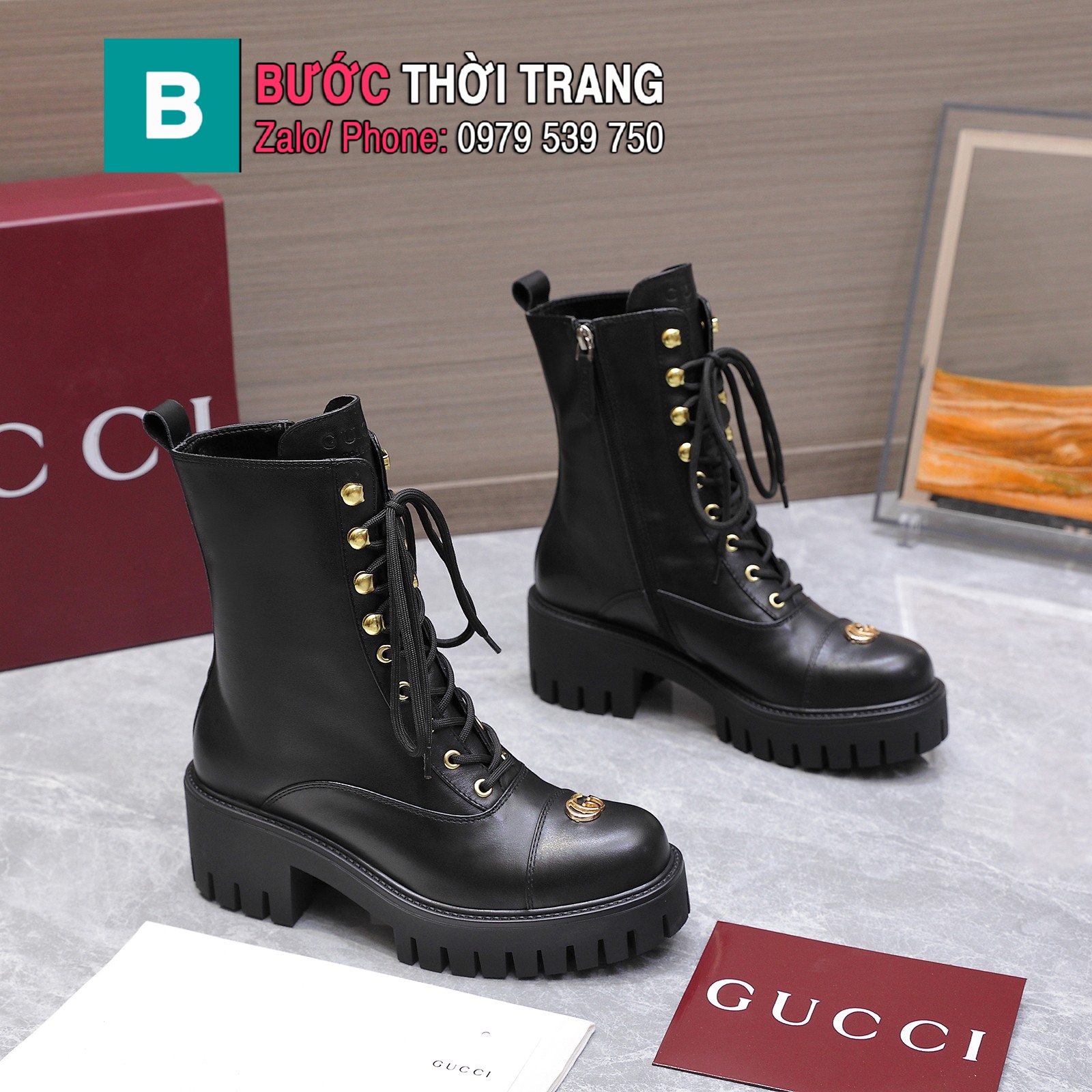 Boot GUCCI cổ lỡ màu đen cao cấp da bê mềm mại thiết kế dây buộc cổ điển