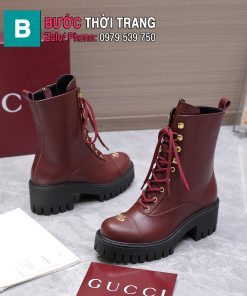 Boot GUCCI cổ lỡ màu đỏ đô cao cấp da bê mềm mại thiết kế dây buộc cổ điển