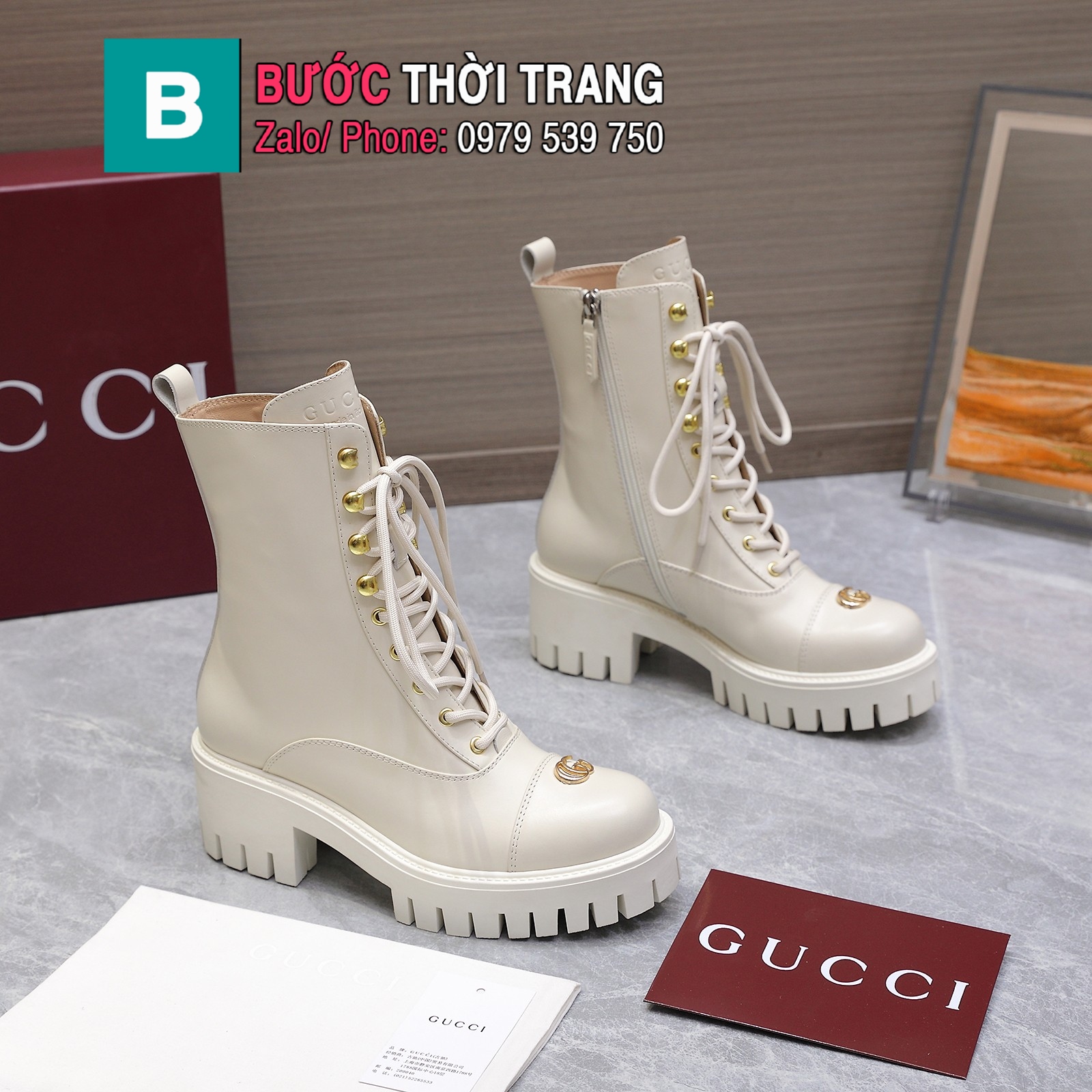 Boot GUCCI cổ lỡ màu trắng ngà cao cấp da bê mềm mại thiết kế dây buộc cổ điển